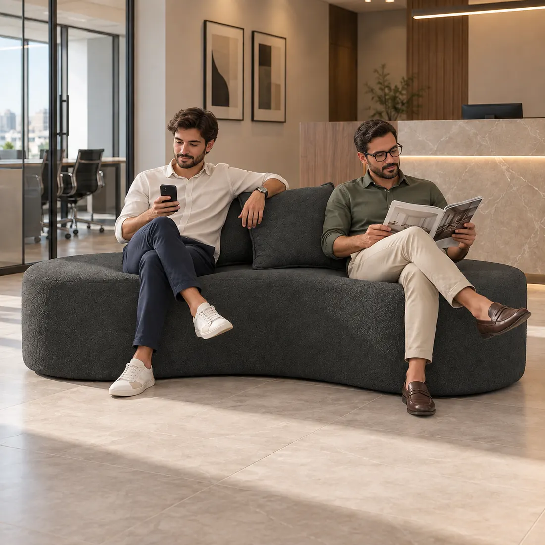 Dois homens conversando no sofá Feijão cinza escuro