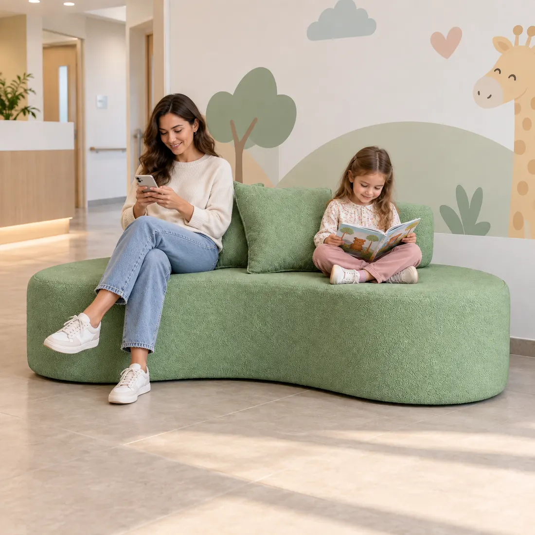 Sofá Feijão verde menta em uma sala infantil