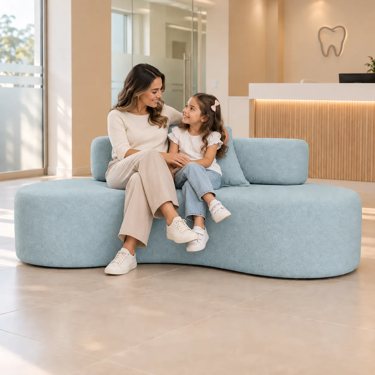 Mãe e filha no sofá Feijão azul claro